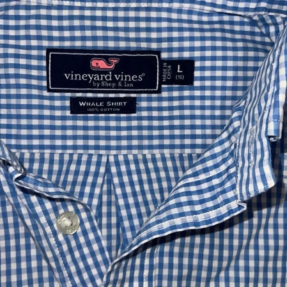 Vineyard Vines Boys Whale Shirt Long Sleeve Blue Gingham Button Up size Large 16